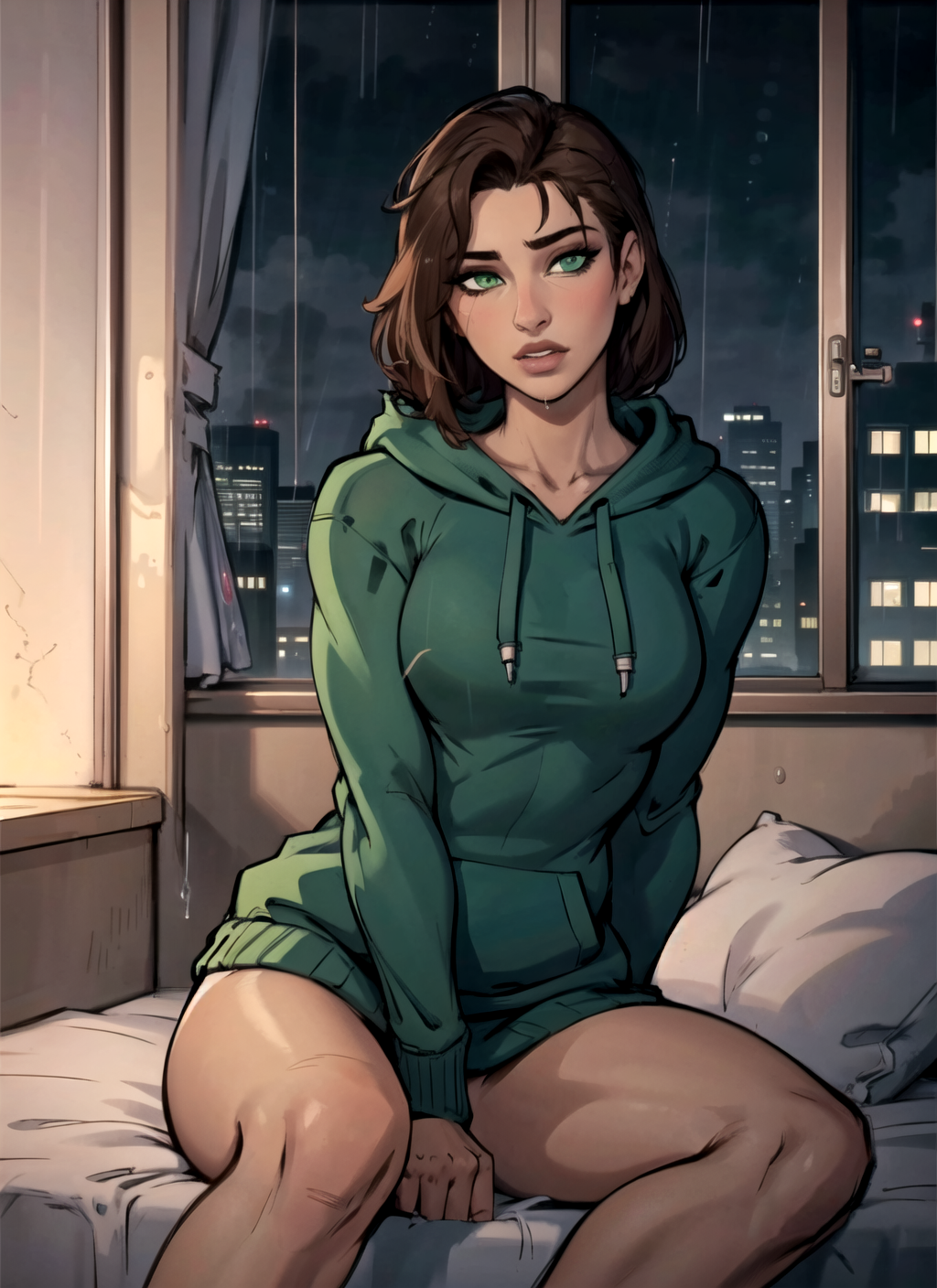 81544-3135415216-Beautiful woman, brown hair, green eyes, hoodie, sitting in bed next to a window with pouring rain outside, nighttime, cityscape.png